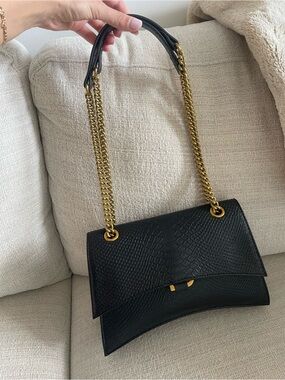 Black Textured Shoulder Bag with Gold Chain Handles